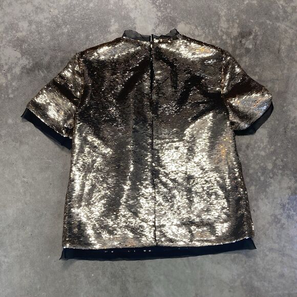 Rachel Zoe Blouse Women 6 Gold Sequin Flynn Mini Pailette Top Short Sleeve Disco - Picture 5 of 10